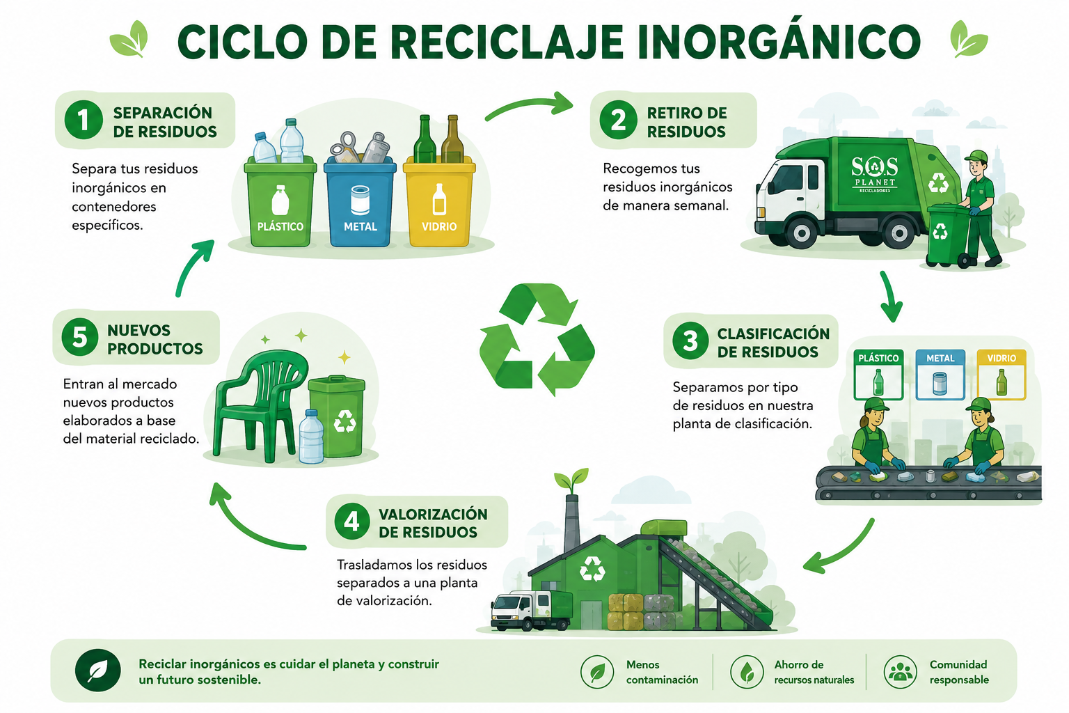 Infografía del ciclo de reciclaje inorgánico y economía circular - SOS PLANET
